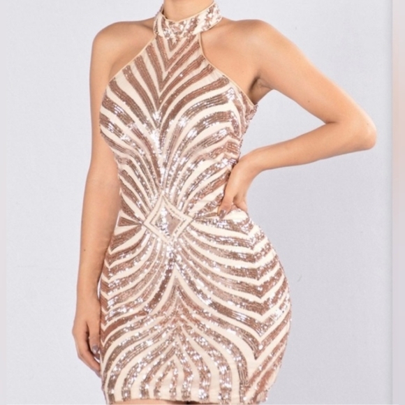 Fashion NOVA rose gold glittery Diva Vibes mini dress size Medium - Picture 2 of 12